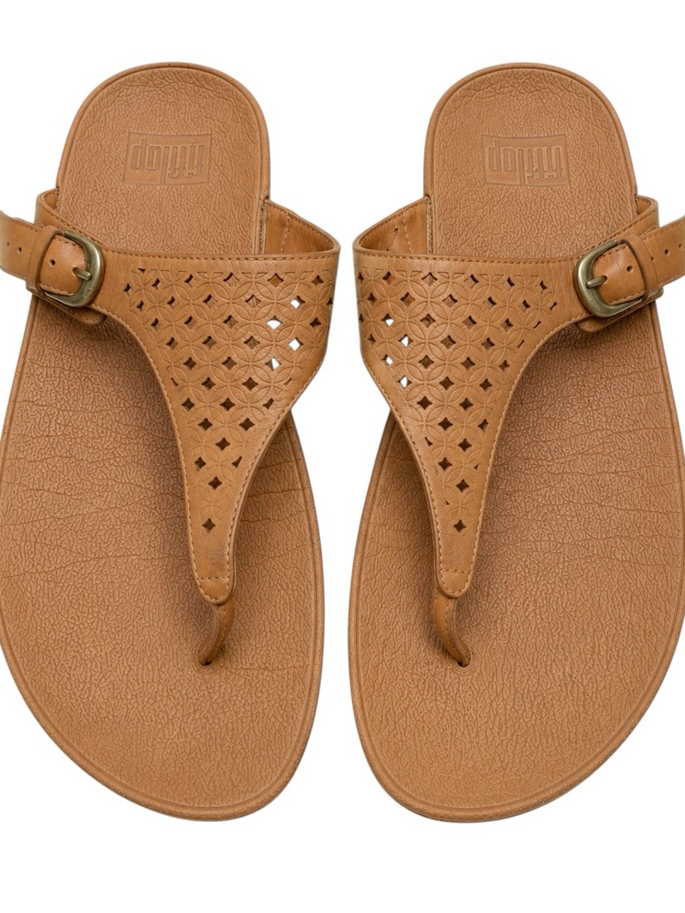 FitFlop Lulu Laser Cut Leather Thong Sandals Brown Comfort Size 10 Adjustable
